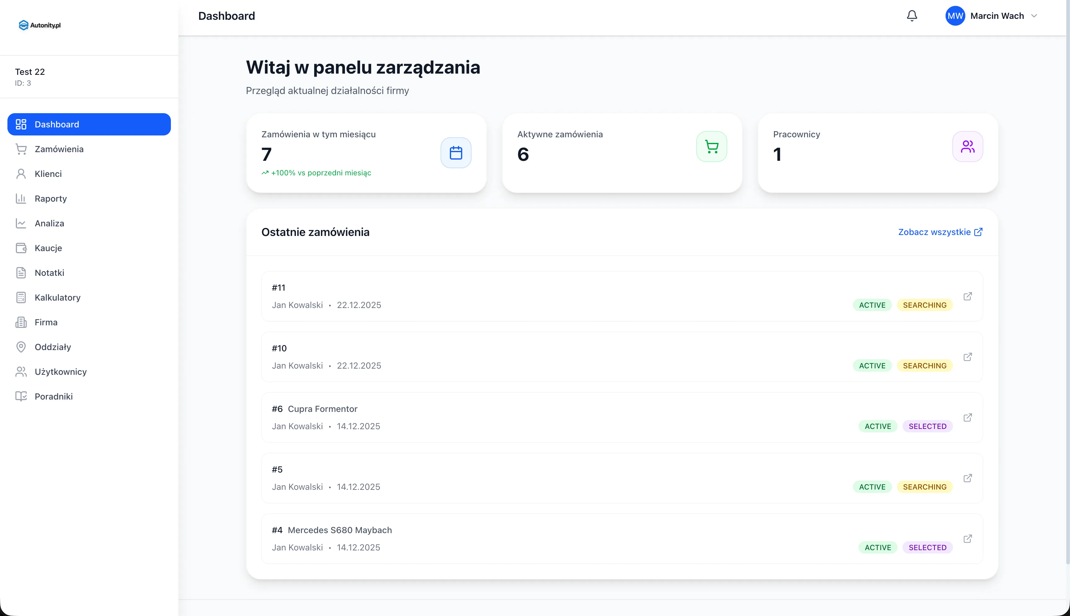 Autonity - Dashboard panelu zarządzania